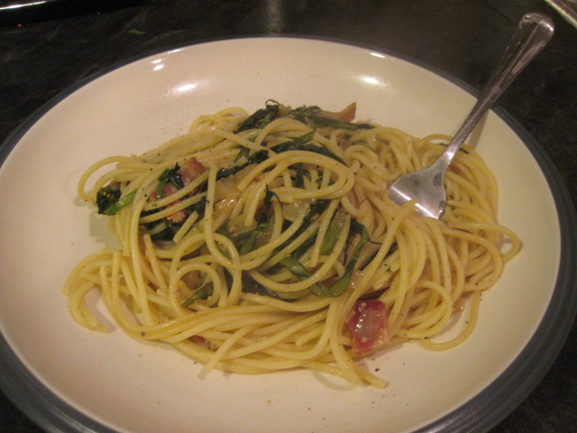 Pasta with Dandelion Greens and Bacon